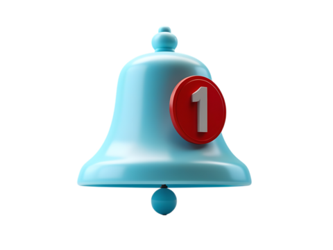 Isolated 3d render of a blue bell symbol with a red notification alert indicating the number one, on a transparent background