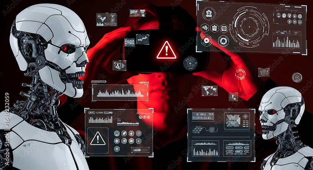 Poster two robots facing a person wearing a vr headset with multiple floating data displays in red lighting