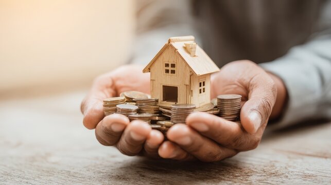 Hands Holding Wooden House Model with Coins: Investment, Savings, and Real Estate Concepts