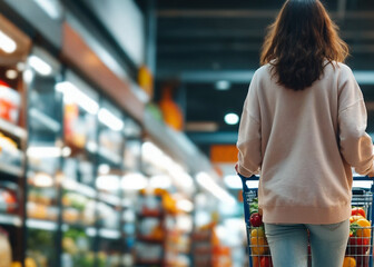 Cinematic waist level back view of woman pushing trolley in bright supermarket