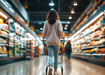 Cinematic waist level back view of woman pushing trolley in bright supermarket