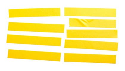 Isolated on white, vibrant yellow plastic adhesive tape stripes, cleanly cut and perfectly arranged, ideal for repairs, crafting, labeling, packaging, and creative projects, offering durability, flexi