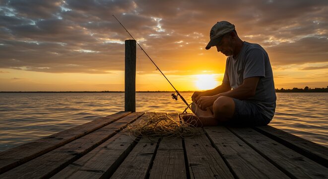 Fisherman on Dock at Sunset: Preparing Tackle for Fishing Adventure