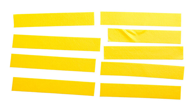 Isolated on white, vibrant yellow plastic adhesive tape stripes, cleanly cut and perfectly arranged, ideal for repairs, crafting, labeling, packaging, and creative projects, offering durability, flexi