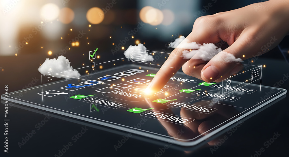 Poster finger touching digital tablet with checklist boxes and cloud icons on dark background ai generated