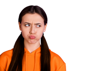 Close-up portrait of her she nice attractive moody offended bored girl with pigtails blowing cheeks looking aside isolated over bright vivid shine vibrant violet purple lilac color background