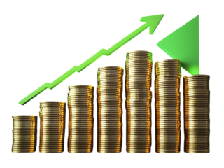 Stacks of gold coins showing a rising trend with a green arrow indicating financial growth, isolated on transparent background