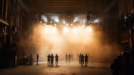 Theatrical performance preparation backstage photography dark environment wide angle creative arts and stagecraft