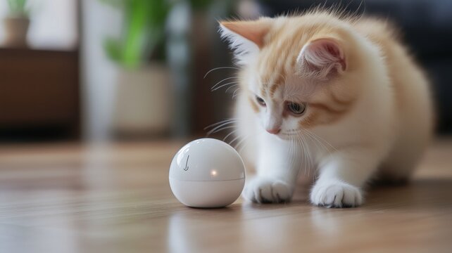Interactive smart toy engages curious cat by responding to its movements and moods in a cozy living room setting