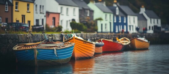 Obraz premium Charming rowboats and colorful houses create a picturesque coastal scene