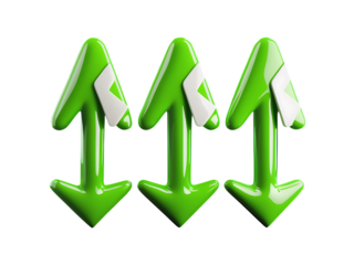 Three green arrows pointing both up and down, symbolizing change and direction, isolated on transparent background