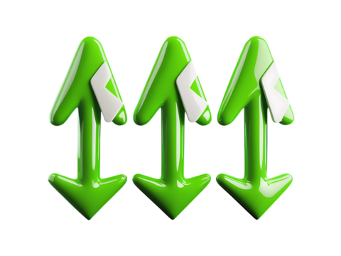 Three green arrows pointing both up and down, symbolizing change and direction, isolated on transparent background