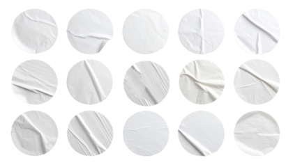 Realistic isolated set of circular adhesive stickers, featuring visible folds and wrinkles, perfectly displayed on a clean white background, emphasizing texture details and natural imperfections for a