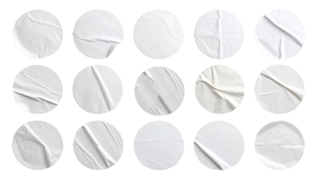 Realistic isolated set of circular adhesive stickers, featuring visible folds and wrinkles, perfectly displayed on a clean white background, emphasizing texture details and natural imperfections for a