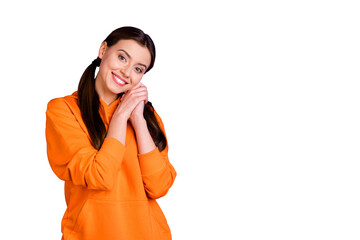 Portrait of positive cheerful girl with ponytails pigtails appreciate gift feel thankful wear...