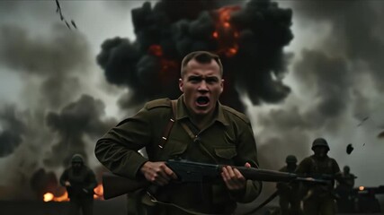 Caucasian soldier running with rifle amid explosion and smoke. Cinematic war style. Fear and urgency. Memorial events, crisis messaging, recruitment, PTSD awareness, defense industry materials