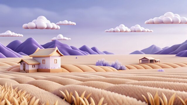 3d whimsical village with rolling hills and fluffy clouds