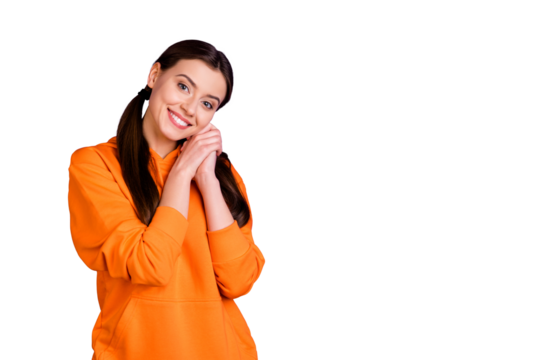 Portrait of positive cheerful girl with ponytails pigtails appreciate gift feel thankful wear youngster clothes isolated over violet color background