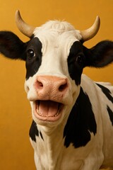 Joyful black-and-white cow smiling brightly against warm golden farm backdrop.