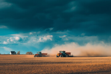 Naklejka premium Tractors working on farmland during harvest