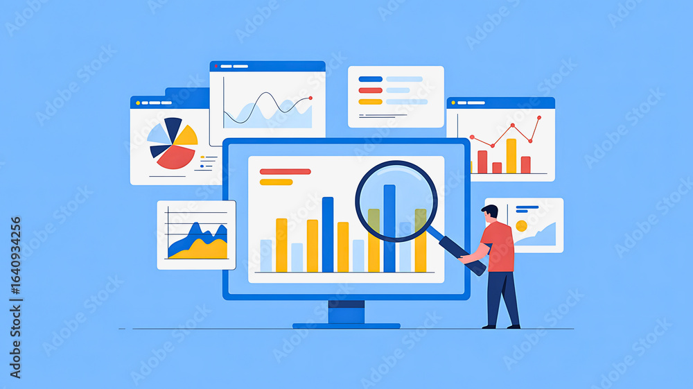 Poster a businessman analyzing complex data on a computer dashboard with a magnifying glass. business intel