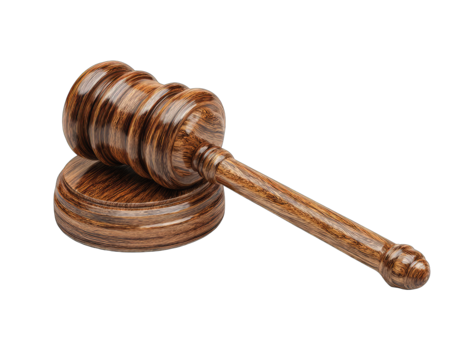 Wooden gavel, resting on base,  isolated on white