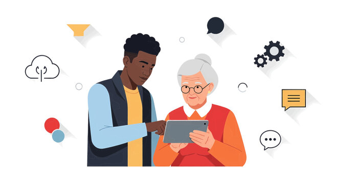 A helpful young man assists an elderly woman with a tablet, illustrating intergenerational learning and digital literacy.