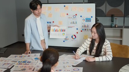 Young man explains charts on a whiteboard to colleagues in a meeting, focusing on data analysis for strategic planning, making data analysis a key part of teamwork success.