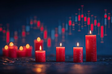 Red candles illuminate a dark background overlaid with stock market charts
