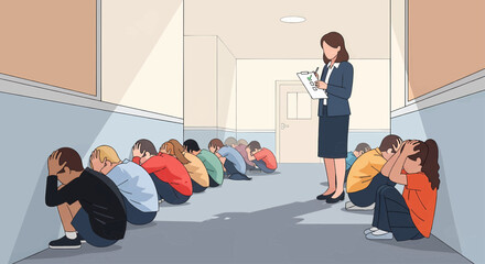 School safety procedure in action, with a teacher observing children practicing a lockdown drill in a hallway.