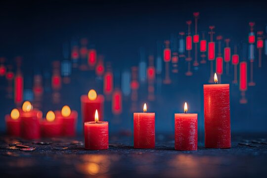 Red candles illuminate a dark background overlaid with stock market charts