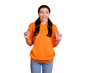 Portrait of positive cheerful youth girl hear incredible news gossip rumor look curious wear sporty...