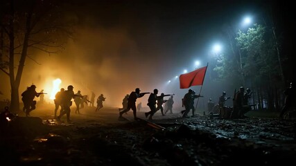 Night assault scene with soldiers charging under explosions and searchlights. War reportage mood. Conflict, danger, courage. Use for security briefs, memorial campaigns, recruitment visuals,