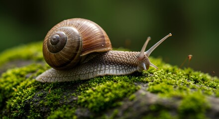 Macro of snail crawling on moss-covered rock