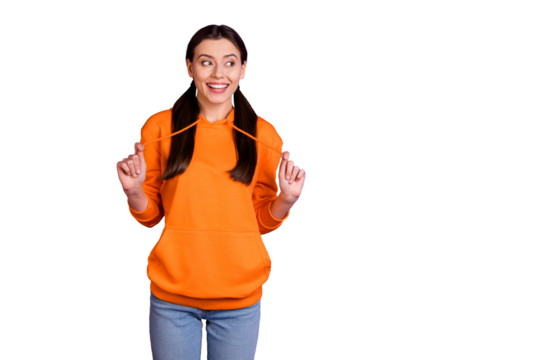 Portrait of positive cheerful youth girl hear incredible news gossip rumor look curious wear sporty wear denim  jeans isolated over violet purple color background - Powered by Adobe