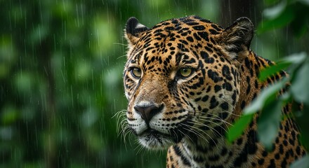 Obraz premium Rain falling on jaguar’s face in dense jungle