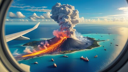 A cinematic airplane window view shows a massive volcanic eruption below with glowing lava, thick smoke, and a mushroom ash cloud. Calm ocean and ships surround the island under a clear blue sky.