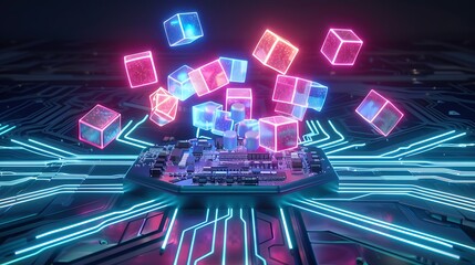 Neural data processing center made of neon cubes spinning above a smart circuit plate in high clarity .