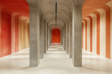 Empty underground shopping mall parking lot with concrete-striped painted columns, designed for a minimalist and modern interior look, Generative AI