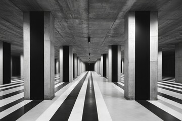 Empty underground shopping mall parking lot with concrete-striped painted columns, designed for a minimalist and modern interior look, Generative AI