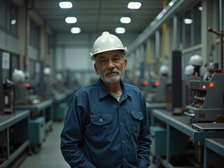 an elderly man stands confidently in a modern industrial setting, showcasing the intersection of aging population and technology in the workplace while promoting safety and innovation in manufacturing
