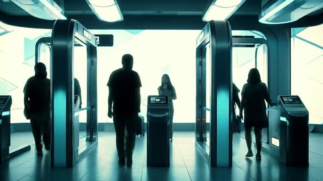 People Passing Through Futuristic Security Gates in Modern Terminal