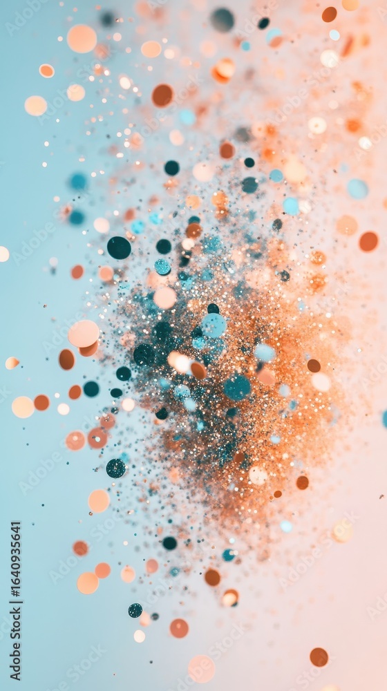 Poster explosion of colorful particles with glowing glitter against a soft gradient background, abstract ce