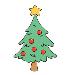 Hand Drawn Green Christmas tree with yellow star, holiday seasonal illustration vector 