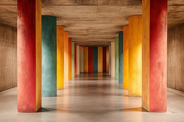 Empty underground shopping mall parking lot with concrete-striped painted columns, designed for a minimalist and modern interior look, Generative AI