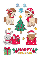 Hand Drawn Cute Ponies, Christmas Tree and Bunny Holiday Illustration Vector Christmas and New Year sticker set for kids
