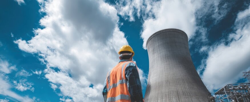 The industrial worker observing a nuclear power plant against a dramatic sky