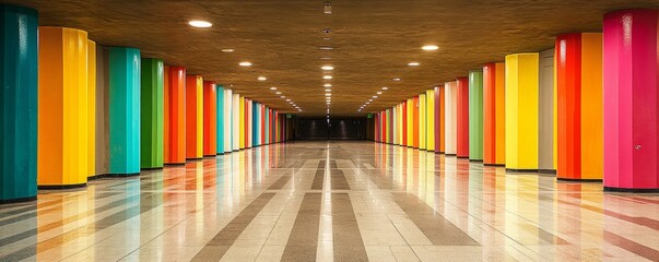Empty shopping mall underground parking lot with concrete-striped painted columns, creating a clean, geometric backdrop for architectural photography, Generative AI