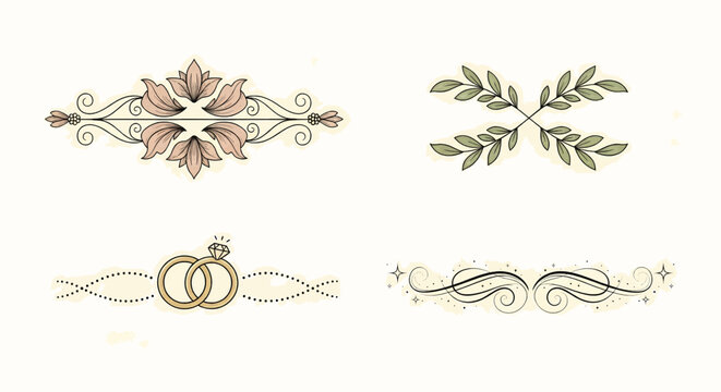 Elegant collection of decorative wedding dividers and ornaments. Vintage floral flourishes, calligraphic swirls, and golden rings for celebration invitations.