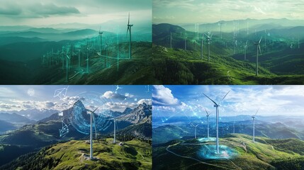 Quadruple aerial view showcasing wind turbines on verdant hills, each image featuring unique teal/blue energy flow visualizations, suggesting clean energy generation and data transmission